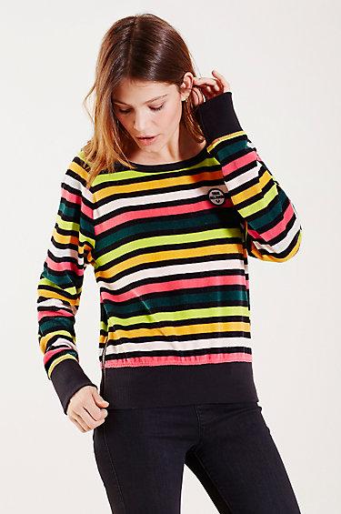True Religion Striped Boyfriend Womens Pullover - Black