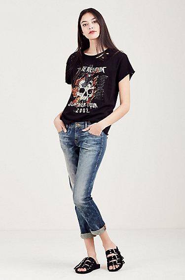 Distressed Skull Womens Tee | Black | Size Medium | True Religion