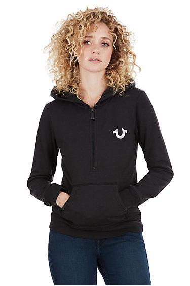 Half Zip Crystal Tr University Womens Hoodie | Black | Size X Small | True Religion