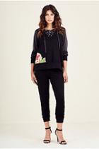 Womens Embroidered Floral Lace Up Hoodie | Black | Size Medium | True Religion