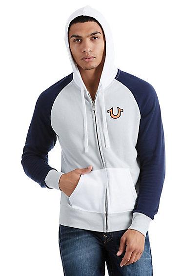 Mesh Raglan Mens Hoodie | Grey /navy | Size Medium | True Religion