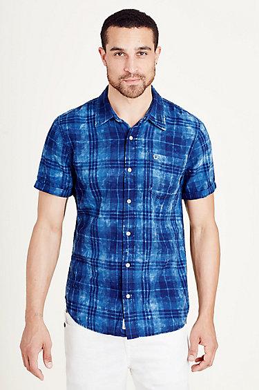 True Religion Roll Up Sleeve Mens Woven Shirt - Indigo