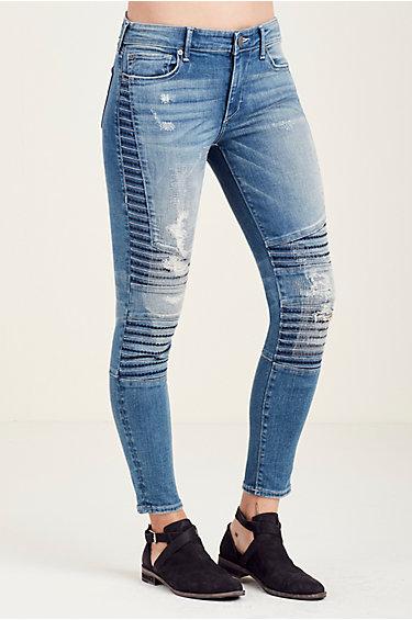 Halle Super Skinny Moto Womens Jean | Blue City | Size 27 | True Religion