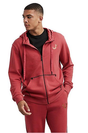 Mens Stitch Buddha Puff Print Zip Up Hoodie | Ruby Red | Size X Small | True Religion