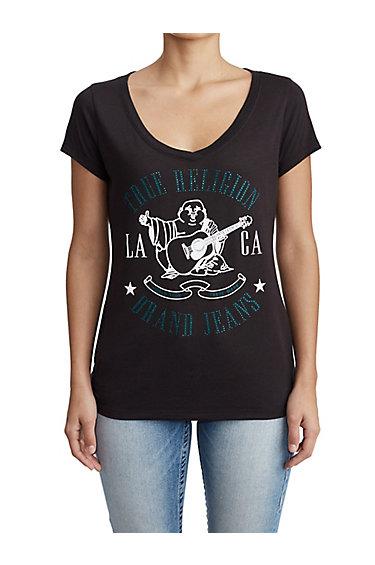Women's La Buddha Round V Tee | Black | Size Xx Small | True Religion
