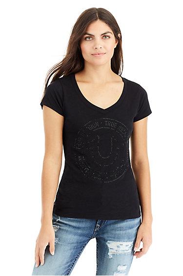 Crystal Horseshoe Rounded V Neck Womens Tee | Black | Size Medium | True Religion