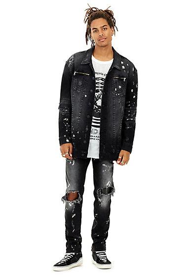 Mens Distressed Paint Splatter Turner Denim Jacket | Dark Cyber Rebel | Size Small | True Religion