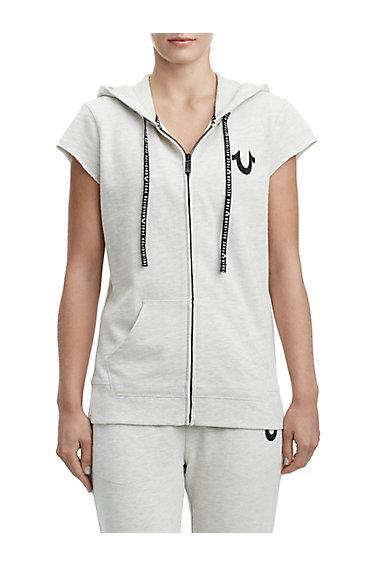 Women's Zip Up Short Sleeve Hoodie | Heather Oat | Size Small | True Religion