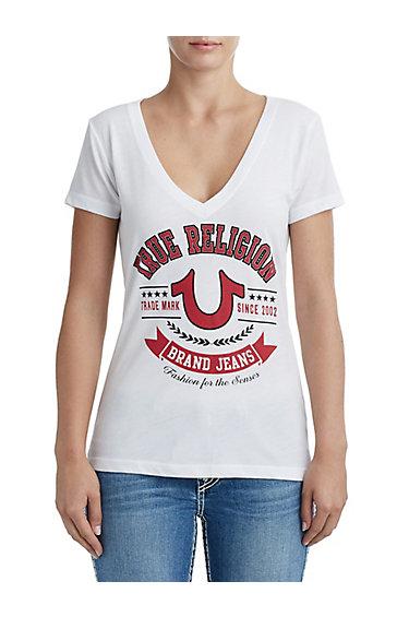 Women's Varsity Horseshoe Deep V Tee | White | Size Xx Small | True Religion
