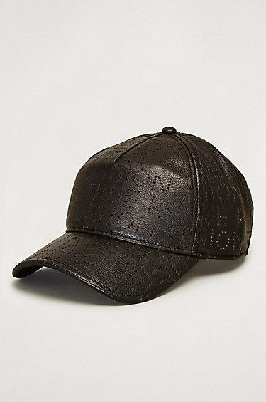 True Religion Perforated All Over Leather Baseball Cap - Black