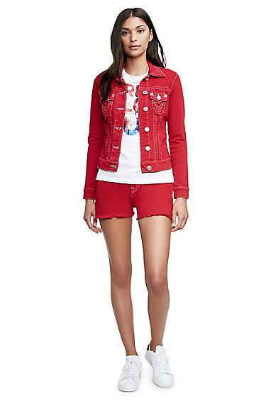 Women's Denim Trucker Jacket | Ruby Red | Size X Small | True Religion