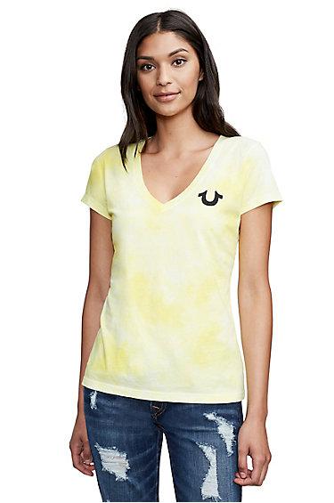 Women's Tie Dye Classic Deep V Neck Tee | Canary | Size Xx Small | True Religion