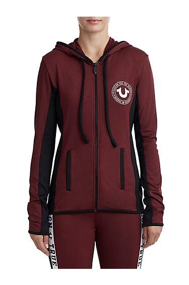 Women's Contrast Panel Zip Up Hoodie | Burgundy | Size X Small | True Religion