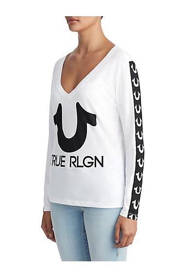 Womens Horseshoe Stripe Logo Long Sleeve Top | White | Size Xx Small | True Religion