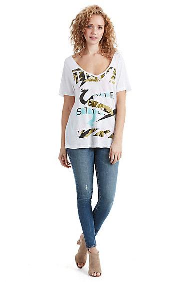 True Camo Women V Neck Tee | White  | Size X Small | True Religion