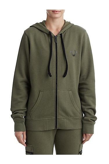 Women's Stripe Buddha Zip Hoodie | Burnt Olive | Size X Small | True Religion