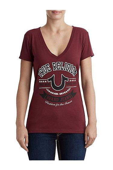 Women's Varsity Horseshoe Deep V Tee | Burgundy | Size Xx Small | True Religion