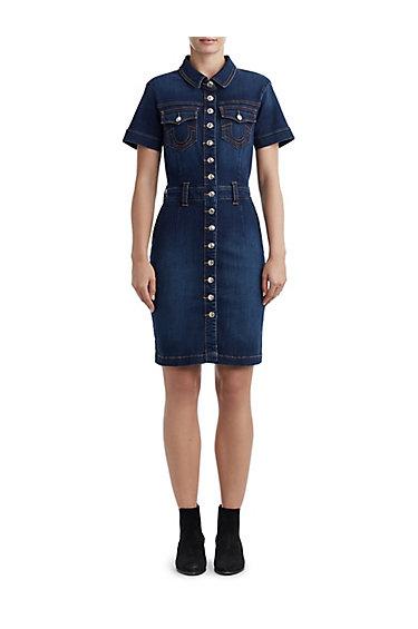 Womens Short Sleeve Denim Bodycon Dress | Into The Night | Size X Small | True Religion
