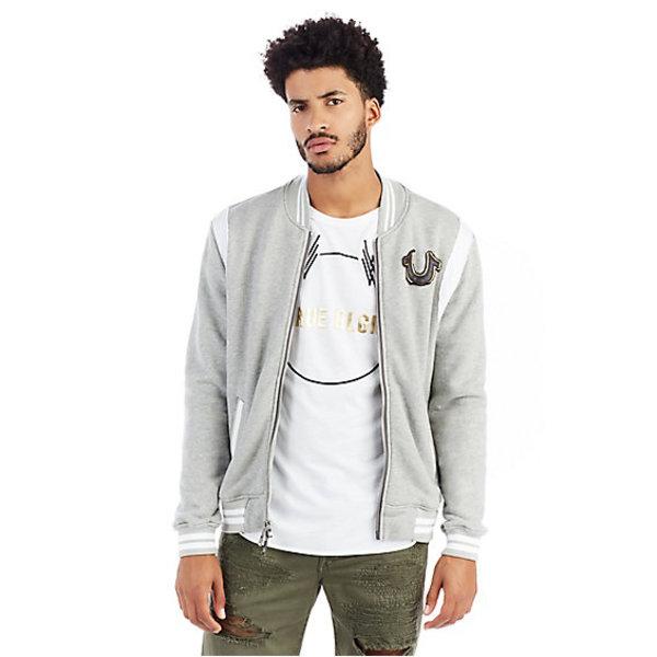 Mens Embroidered Eagle Letterman Jacket | Heather Grey | Size Small | True Religion