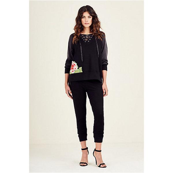 Womens Embroidered Floral Lace Up Hoodie | Black | Size X Small | True Religion