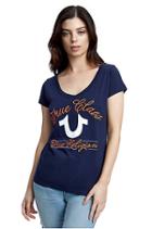 True Class Embroidered Womens V Neck Tee | Navy | Size X Small | True Religion