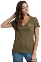 Womens Metallic Puff Print Tee | Military Green | Size X Small | True Religion
