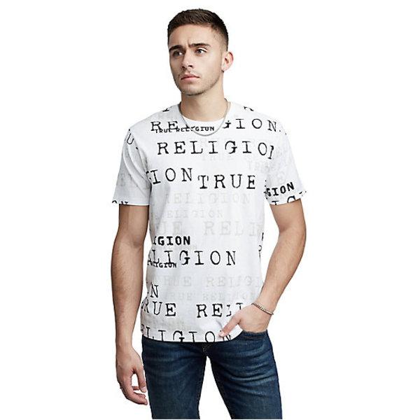 Men's Allover Script Crew Neck Tee | White | Size Large | True Religion
