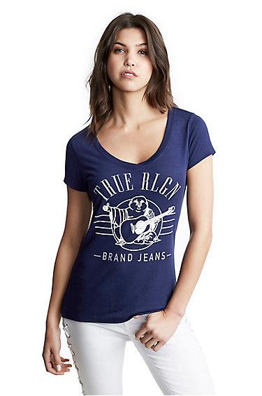 Women's Clean Buddha Round V Tee | Navy | Size Xx Small | True Religion