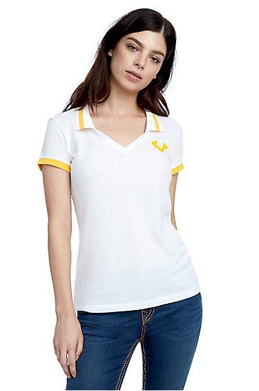 Women's True Champ Deep V Polo Shirt | White | Size X Small | True Religion