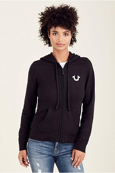Classic Crystal Logo Zip Womens Hoodie | Black | Size X Small | True Religion