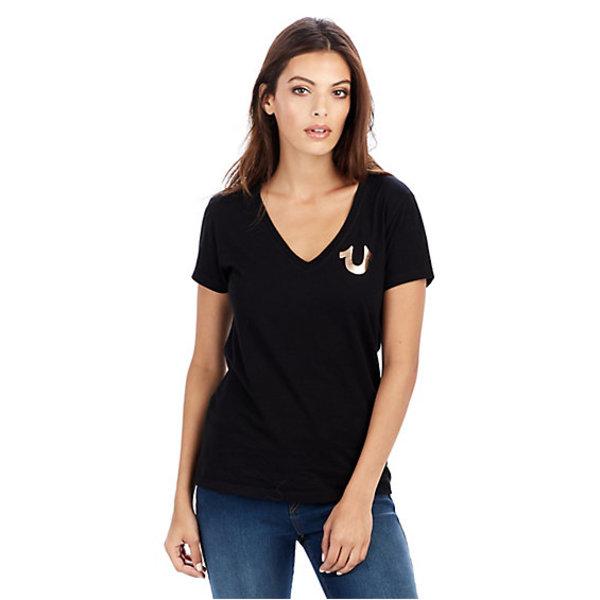 Womens Metallic Puff Print Tee | Faded Black | Size Small | True Religion