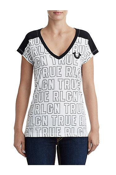Women's Allover True Deep V Panel Tee | White | Size Xx Small | True Religion