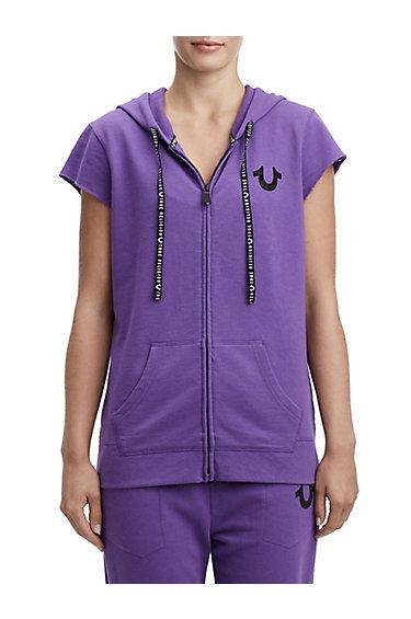 Women's Zip Up Short Sleeve Hoodie | Plum | Size X Small | True Religion