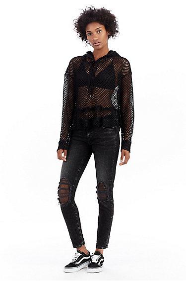 Peplum Mesh Womens Hoodie | Black | Size X Small | True Religion
