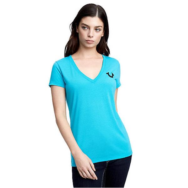 Women's Crystal Classic Logo Deep V Neck Tee | Blue | Size Small | True Religion