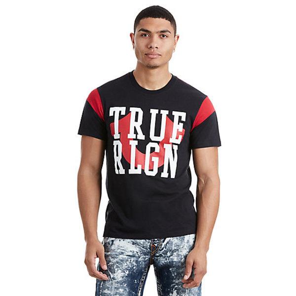 True U Football Sleeve Mens Tee | Black/red | Size Medium | True Religion