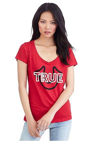 True Bold Crystal Horseshoe Womens Tee | Ruby Red | Size Large | True Religion