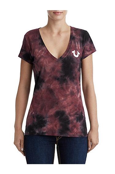 Women's Tie Dye Classic Deep V Neck Tee | Burgundy | Size Xx Small | True Religion