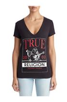 Womens Crystal Embellished Buddha Frame Logo Tee | Black | Size X Small | True Religion