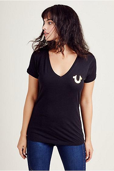Womens Metallic Puff Print Tee | Black | Size X Small | True Religion