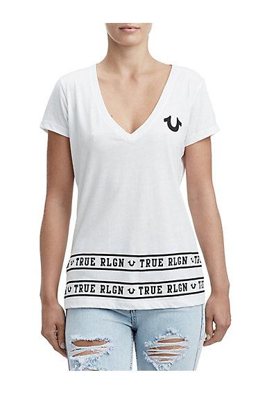 True Pride Deep V Neck Tee | White | Size X Small | True Religion