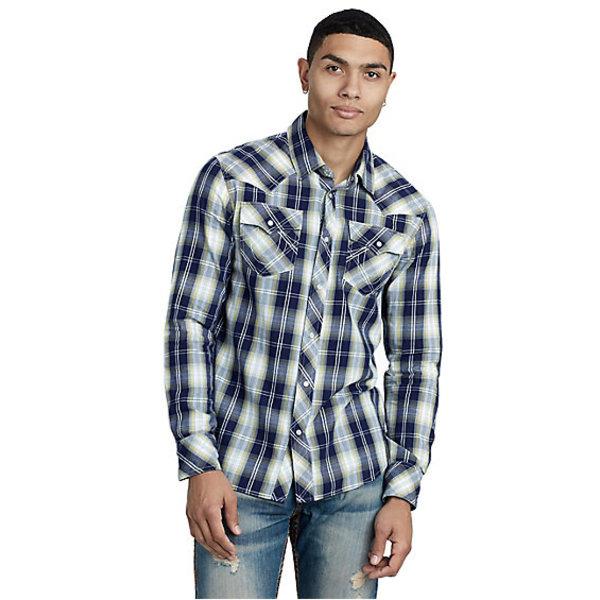 Plaid Western Horseshoe Mens Shirt | Navy/white | Size Large | True Religion