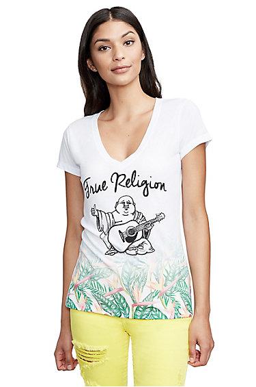 Women's Tropical Paradise Fade Deep V Tee | White | Size Xx Small | True Religion