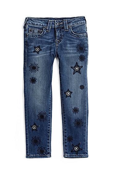 Casey Skinny Embroidered Kids Jean | Star Wash | Size 7 | True Religion