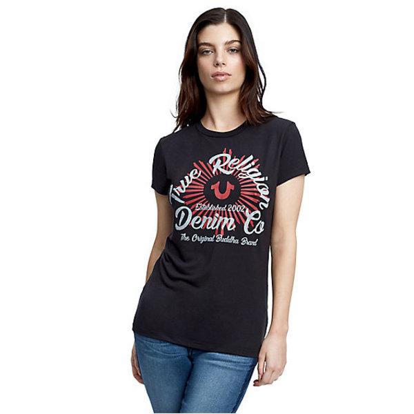 Crystal Horseshoe Ray Crew Womens Tee | Black | Size Small | True Religion