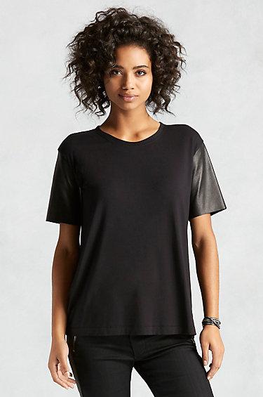 True Religion Joan Smalls Mixed Media Leather Womens Tee - Black