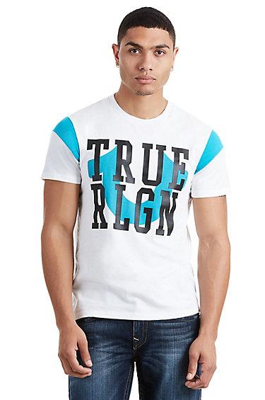 True U Football Sleeve Mens Tee | White/aqua | Size Small | True Religion