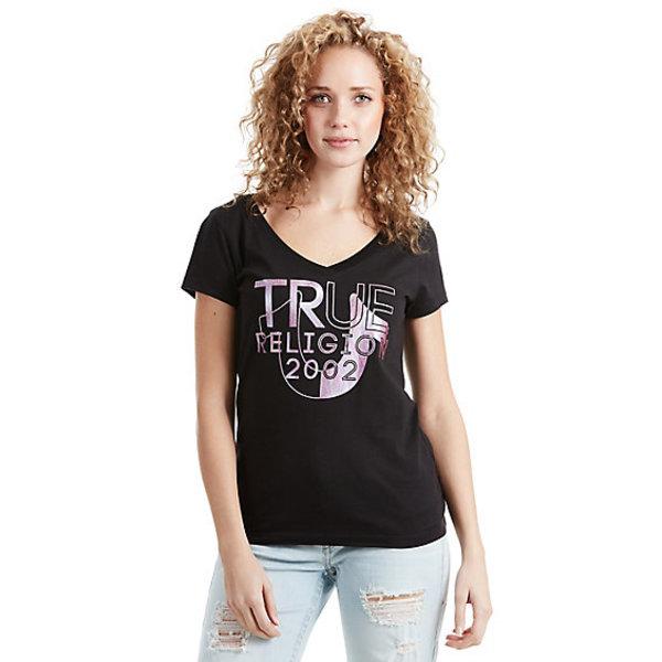 Split Horseshoe Foil Rounded V Womens Tee | Black | Size Small | True Religion