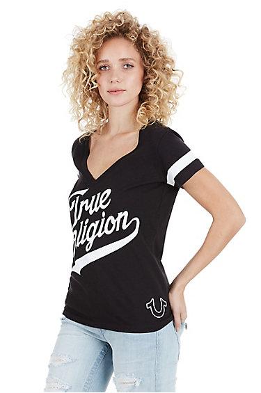 Tr Athletic Deep V Womens Tee | Black | Size X Small | True Religion