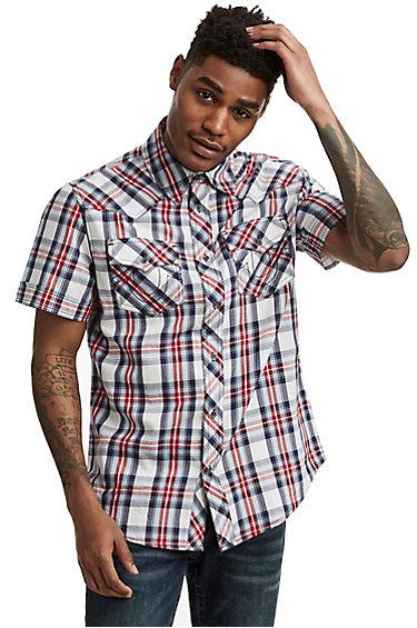 Men's Plaid Western Short Sleeve Shirt | White/marine | Size Small | True Religion